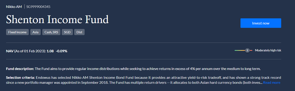 Endowus cash smart review (Nikko AM Shenton Income Fund risk level)